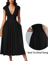 Women's Casual Deep V Neck Cap Sleeve Pleated Swing A Line Midi Dress With Pockets